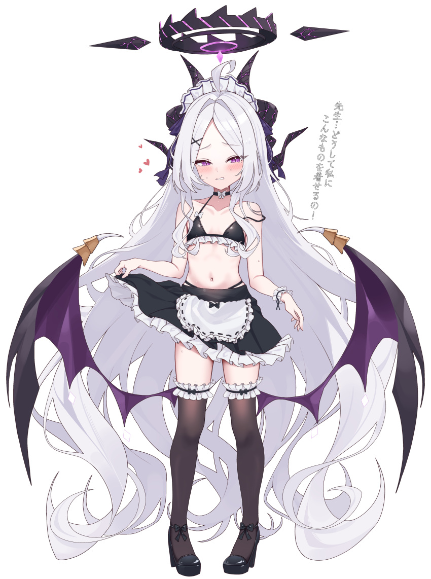 1girl absurdres ahoge alternate_costume apron bikini black_bikini black_choker black_footwear black_thighhighs blue_archive blush breasts choker cleavage clothes_lift collarbone commentary demon_girl demon_horns demon_wings embarrassed enmaided forehead frilled_apron frills full_body hair_ornament halo heart high_heels highres hina_(blue_archive) horns lifted_by_self long_hair looking_at_viewer maid maid_apron maid_day maid_headdress navel parted_bangs purple_eyes sidelocks simple_background skirt skirt_lift small_breasts solo spaghetti_strap standing stomach strappy_heels sweatdrop swimsuit thighhighs translated waist_apron wavy_hair white_apron white_background white_hair wings wrist_cuffs x_hair_ornament yozora_(1wkdgusdn) zettai_ryouiki