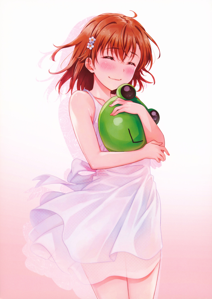 1girl absurdres bare_shoulders blush brown_hair closed_eyes closed_mouth collarbone dress fingernails gekota gradient_background hair_ornament highres holding isshi_pyuma lips medium_hair misaka_mikoto non-web_source short_dress sleeveless sleeveless_dress smile toaru_kagaku_no_railgun toaru_majutsu_no_index white_dress