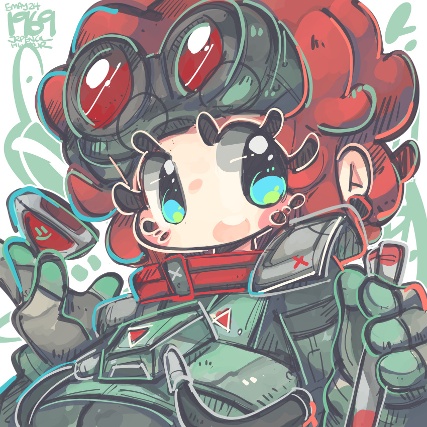 1girl absurdres animification apex_legends black_gloves blue_eyes blush breasts dated eyelashes gloves goggles goggles_on_head hair_behind_ear highres horizon_(apex_legends) jrpencil medium_breasts open_mouth red_hair short_hair smile solo spacesuit