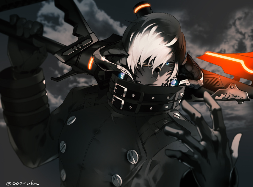 1boy artist_name au_ra black_background black_coat black_gloves black_hair blue_eyes closed_mouth cloud coat collared_coat colored_sclera colored_skin commentary_request earrings eyepatch final_fantasy final_fantasy_xiv gloves glowing glowing_eyes grey_sclera grey_skin gunbreaker_(final_fantasy) hands_up high_collar highres horns jewelry long_sleeves looking_at_viewer low_horns male_focus multicolored_hair oooruka_cr outdoors short_hair twitter_username two-tone_hair upper_body warrior_of_light_(ff14) white_hair
