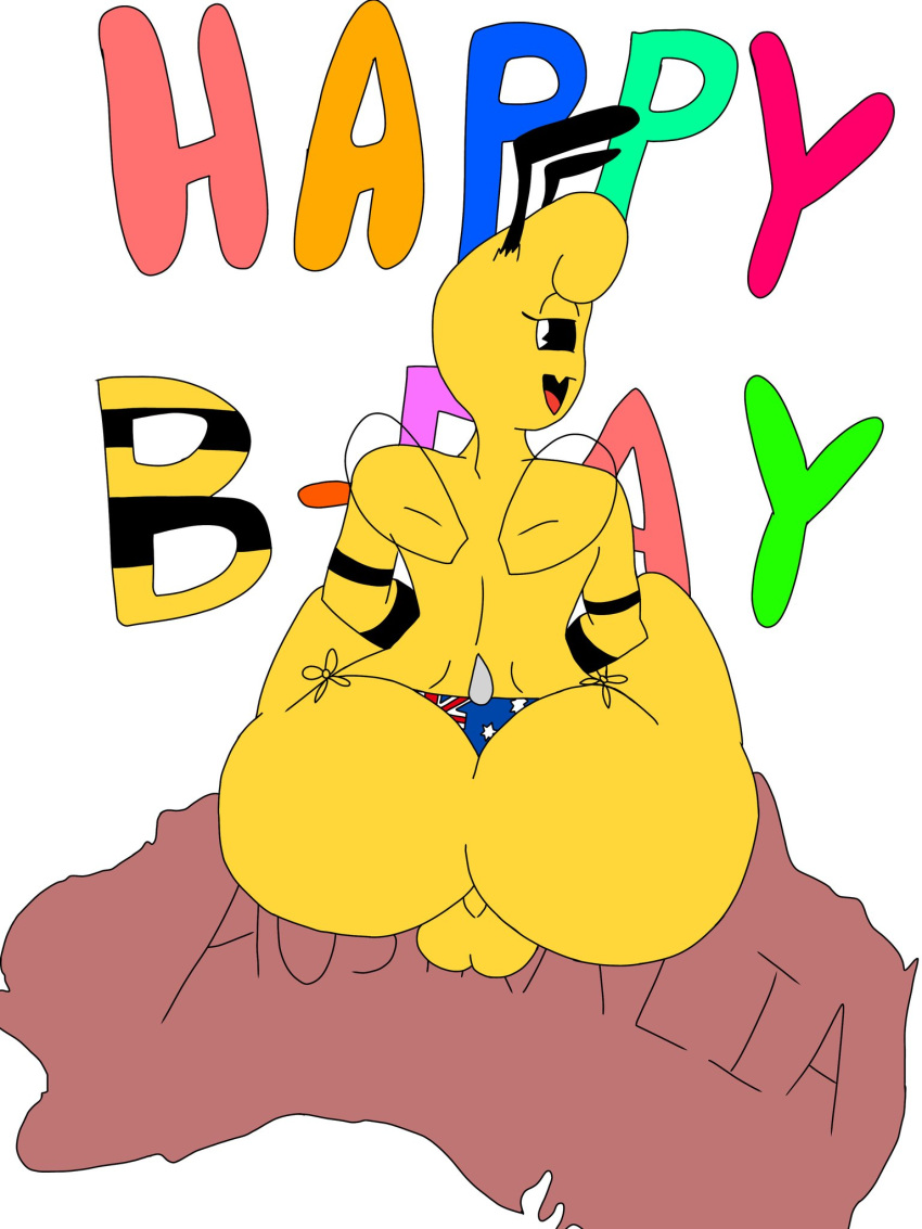 anthro arthropod australia backsack balls bee bikini_thong birthday clothing genitals hi_res honeycomb_(shrinkybee) hymenopteran insect macro male rear_view solo swimwear theprogram29