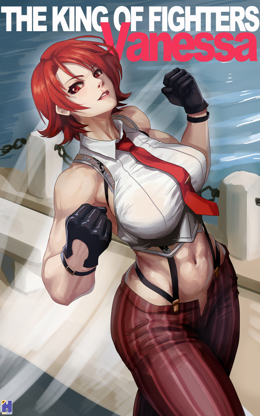 1girl bare_shoulders black_gloves boxing breasts crop_top cropped_shirt gloves highres large_breasts lips lipstick looking_at_viewer makeup mature_female midriff navel necktie pants pinstripe_pants pinstripe_pattern red_eyes red_hair red_necktie shirt short_hair sleeveless smile snk solo striped_clothes striped_pants suspenders swwhenry the_king_of_fighters the_king_of_fighters_xiv toned toned_female vanessa_(kof) vertical-striped_clothes vertical-striped_pants