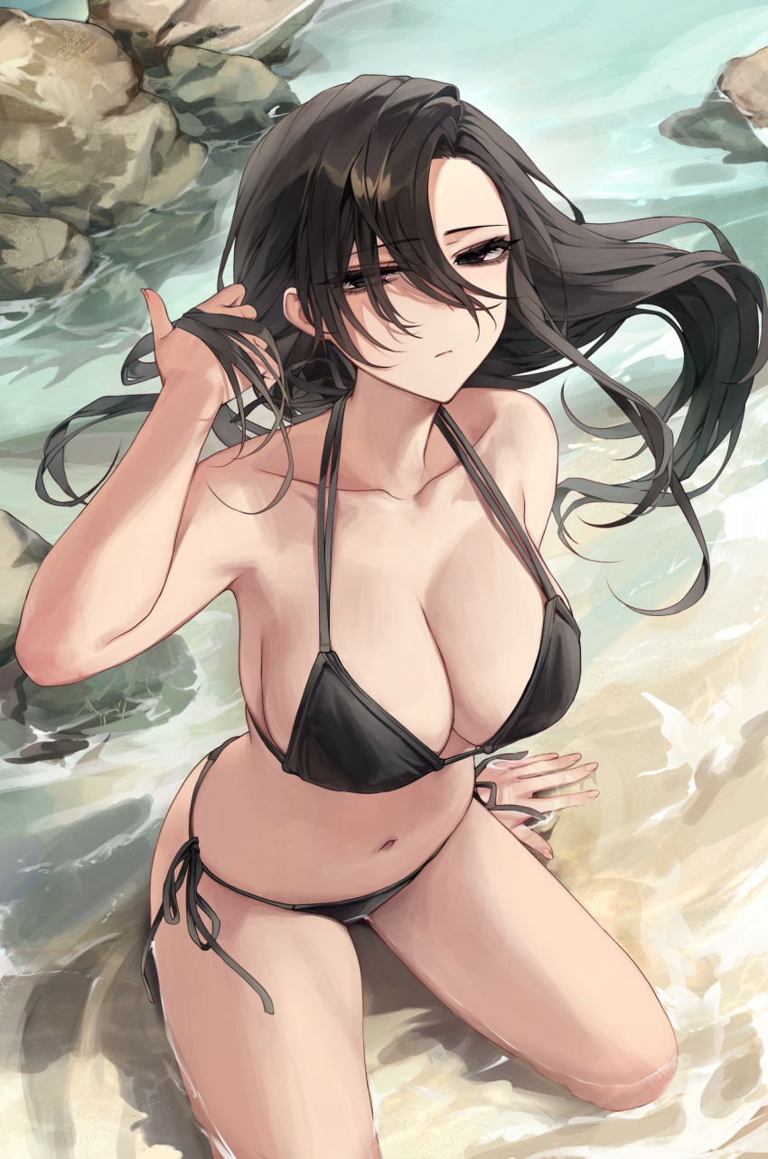 1girl arm_support bags_under_eyes beach bikini black_bikini black_hair breasts floating_hair highres kneehighs large_breasts long_hair looking_at_viewer navel original outdoors rock sabotensuteeki side-tie_bikini_bottom socks solo stomach straight_hair swimsuit very_long_hair