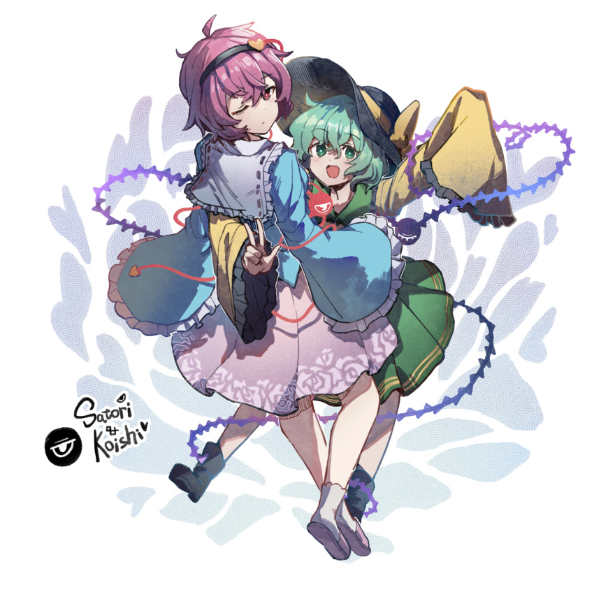 2girls :d ;| black_footwear black_hairband black_hat blouse blue_shirt boots bow character_name closed_mouth floral_print frilled_shirt_collar frilled_sleeves frills full_body green_eyes green_hair green_skirt hair_between_eyes hair_ornament hairband hat hat_bow heart heart_hair_ornament highres hug komeiji_koishi komeiji_satori long_sleeves looking_at_viewer looking_back multiple_girls one-armed_hug one_eye_closed open_mouth pink_footwear pink_hair pink_skirt red_eyes rose_print shirt shishui_guima short_hair siblings simple_background sisters skirt sleeves_past_fingers sleeves_past_wrists slippers smile socks third_eye thorns touhou w white_socks wide_sleeves yellow_bow yellow_shirt