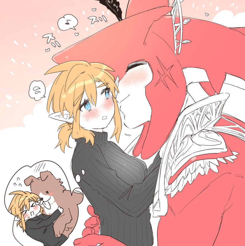 &gt;o&lt; 1boy 1girl :d animal black_sweater blonde_hair blush breasts closed_eyes colored_skin dog facing_another fish_boy genderswap genderswap_(mtf) hetero highres link long_hair medium_breasts pointy_ears red_skin sidon smile speech_bubble sweater the_legend_of_zelda the_legend_of_zelda:_breath_of_the_wild ttanuu. zora