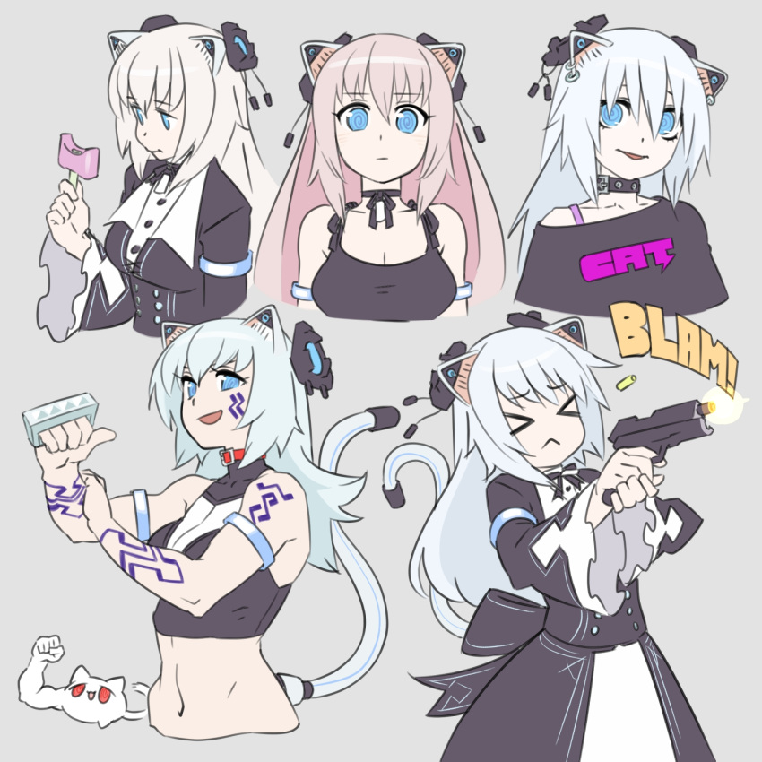 &gt;_&lt; 5girls :&lt; @_@ animal_collar animal_ear_piercing animal_ears arm_tattoo armlet bare_shoulders black_coat black_collar black_shirt blue_eyes bra_strap brass_knuckles breasts casing_ejection cat_ears cat_girl cat_tail choker cleavage closed_mouth coat collar commentary_request corset creature cropped_shirt cropped_torso dress eating english_text expressionless facial_tattoo firing food furrowed_brow grey_background grey_hair gun hand_on_own_arm head_tilt headgear highres holding holding_food holding_gun holding_popsicle holding_weapon large_breasts long_hair long_sleeves looking_at_viewer magari_(c0rn3r) mass_production_nora_cat mechanical_ears mechanical_tail midriff multiple_girls muzzle_flash navel nora_cat_channel off_shoulder open_mouth pink_hair pointing pointing_at_self pointing_with_thumb popsicle print_shirt red_collar ribbon_choker shell_casing shirt simple_background sleeveless sleeveless_shirt smile spaghetti_strap tail tattoo toned_female two-handed upper_body virtual_youtuber weapon white_dress white_hair wide_sleeves