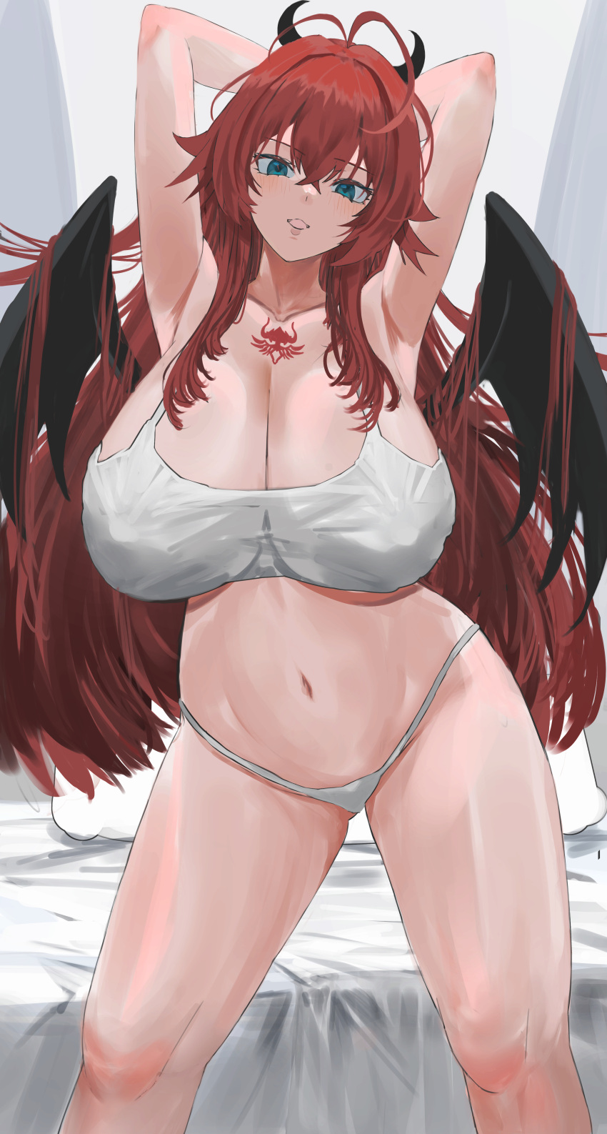 1girl absurdres antenna_hair armpits arms_behind_head bed blue_eyes breasts chest_tattoo commentary covered_nipples demon_horns demon_wings hair_between_eyes high_school_dxd highres horns huge_breasts long_hair looking_at_viewer navel nuo_(fttv3255) open_mouth paid_reward_available panties red_hair rias_gremory simple_background smile standing tank_top tattoo underwear white_panties white_tank_top wings