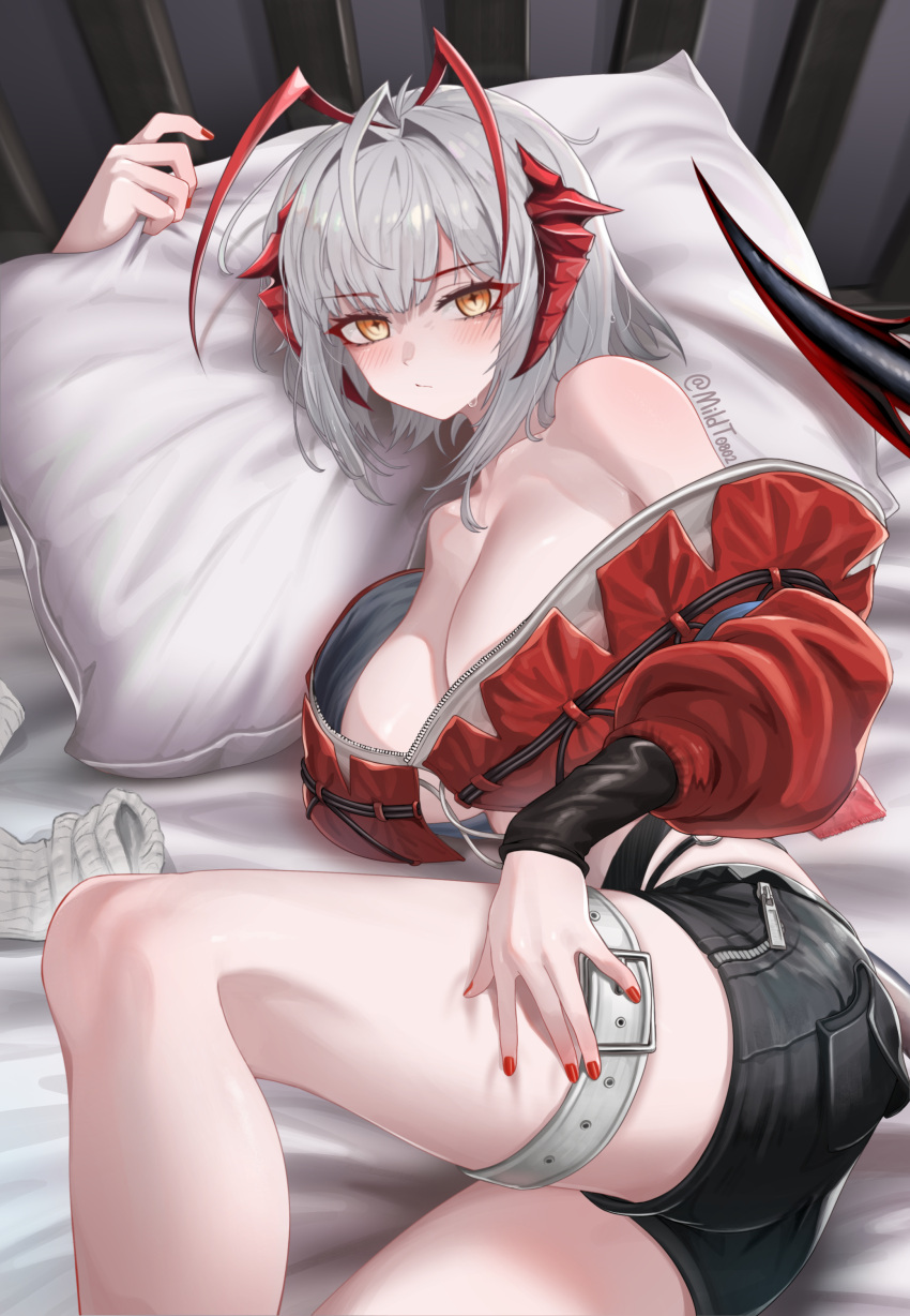 1girl absurdres ahoge antennae arknights bare_shoulders black_shorts breasts cleavage commentary crop_top grey_hair highres indoors jacket large_breasts long_sleeves looking_at_viewer lying midriff mildt nail_polish on_side pillow red_jacket red_nails short_hair short_shorts shorts solo thighs w_(arknights) wis'adel_(arknights) yellow_eyes