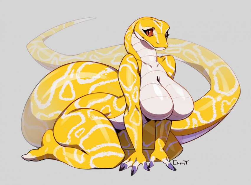 anthro big_breasts breasts claws emmyliquid featureless_breasts female fingerless_(marking) fingers hi_res male markings pupils red_sclera reptile scales scalie simple_background slit_pupils snake solo tail white_body white_scales yellow_body yellow_scales