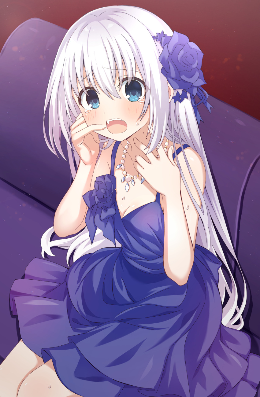 1girl absurdres artina bare_shoulders blue_eyes blush breasts cleavage collar date_a_live dress flower hair_flower hair_ornament hairclip highres indoors long_hair looking_at_viewer medium_breasts open_mouth purple_dress sitting solo tobiichi_origami white_hair