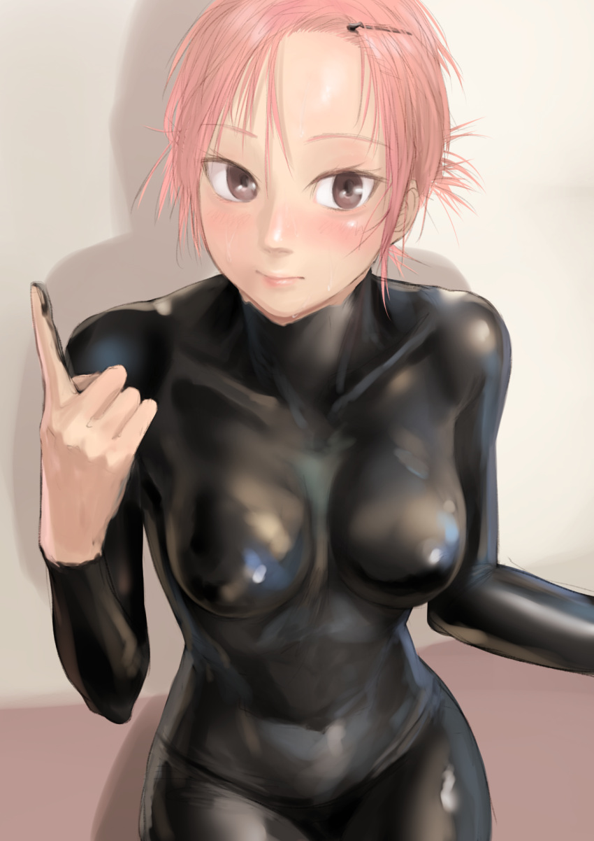 1girl blush bodypaint breasts brown_eyes closed_mouth completely_nude covered_nipples hair_ornament hairclip highres kilye_kairi looking_at_viewer medium_breasts naked_paint nude original paint_stains pink_hair sitting solo