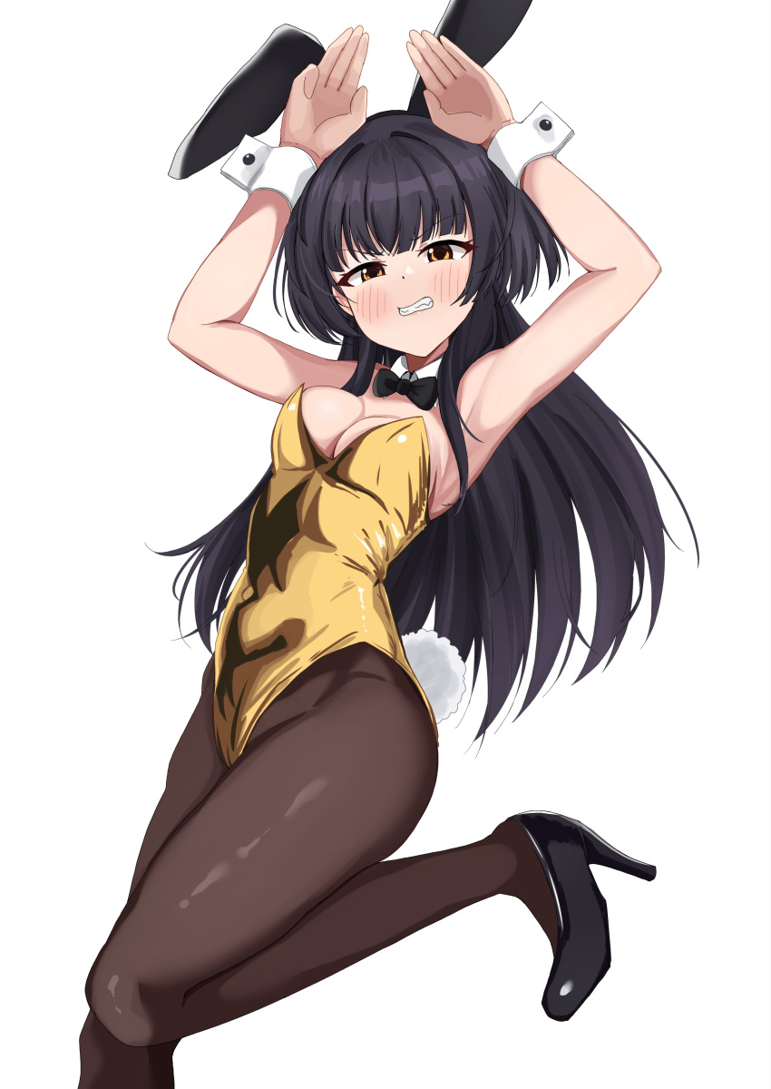 1girl absurdres animal_ears bamiyanpixel black_bow black_bowtie black_hair black_pantyhose bow bowtie breasts brown_eyes cleavage clenched_teeth detached_collar gold_leotard highres idolmaster idolmaster_shiny_colors long_hair mayuzumi_fuyuko medium_breasts pantyhose playboy_bunny ponytail rabbit_ears rabbit_pose rabbit_tail simple_background solo standing standing_on_one_leg tail teeth white_background wrist_cuffs