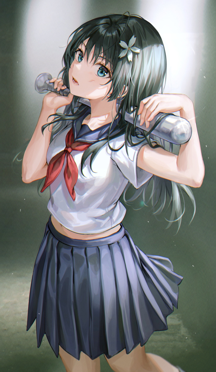 1girl absurdres bangs baseball_bat black_hair blue_skirt collarbone commentary_request cowboy_shot flower hair_flower hair_ornament hands_up highres long_hair navel neckerchief open_mouth over_shoulder pleated_skirt sailor_collar sakugawa_school_uniform saten_ruiko school_uniform serafuku shirt short_sleeves skirt solo toaru_kagaku_no_railgun toaru_majutsu_no_index tokkyu white_shirt