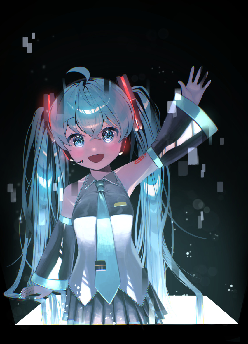 1girl :d absurdres ahoge aqua_eyes aqua_hair aqua_nails aqua_necktie black_sleeves blush commentary detached_sleeves glitch glowing hatsune_miku headset highres long_hair looking_at_viewer necktie nemu_ringo number_tattoo portal_(object) smile solo tattoo twintails very_long_hair vocaloid waving