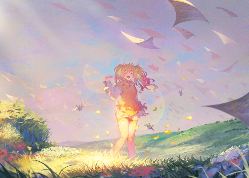 1girl :d absurdres arm_at_side bare_legs blonde_hair blush bush closed_eyes cloud cloudy_sky day facing_viewer falling_leaves floating flower gradient_hair grass hair_between_eyes hand_up highres hill knees_together_feet_apart landscape leaf light_rays long_sleeves mooofoo multicolored_hair nature open_mouth outdoors papers pink_hair project_sekai red_flower shadow shirt shorts sidelocks sky smile solo sweater_vest teeth tenma_saki twintails upper_teeth_only white_shirt wide_shot yellow_shorts yellow_sweater_vest