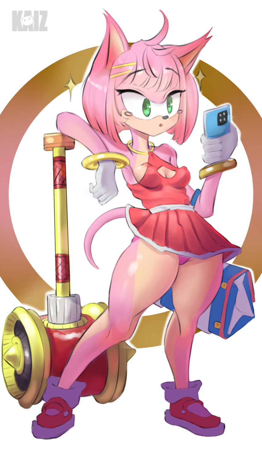 absurd_res accessory amy_rose anthro bag bracelet breasts cellphone clothing dress duffel_bag electronics eulipotyphlan female footwear gloves green_eyes hair_accessory hairclip hammer handwear hedgehog hi_res jewelry kaizzensfw mammal multicolored_body phone pink_body sega shoes smartphone solo sonic_the_hedgehog_(series) tail tools two_tone_body underwear