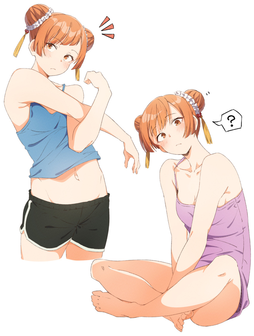 1girl ? barefoot black_shorts blue_camisole brown_eyes camisole closed_mouth clothed_male_nude_female commentary_request double_bun eitopondo hair_bun highres indian_style laufen_(sousou_no_frieren) looking_at_viewer midriff multiple_views navel nude orange_hair purple_camisole shorts simple_background sitting sousou_no_frieren spoken_question_mark toes white_background