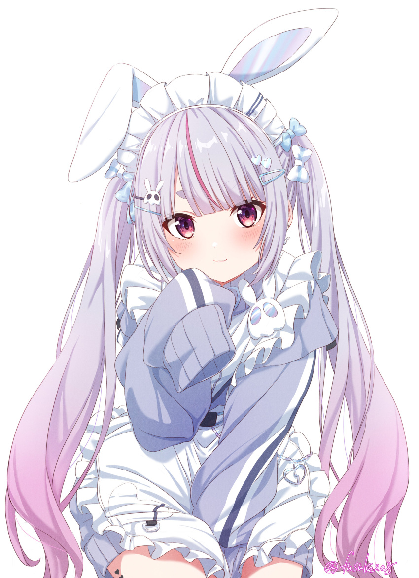 absurdres animal_ears aqua_bow blush bow earrings fuusuke_(fusuke208) gradient_hair hair_bow hair_ornament heart heart_hair_ornament heart_tattoo highres jacket jersey_maid jewelry long_hair long_sleeves looking_at_viewer maid maid_headdress multicolored_hair multiple_hair_bows purple_hair rabbit_ears rabbit_girl rabbit_hair_ornament red_eyes short_eyebrows sleeves_past_fingers sleeves_past_wrists streaked_hair tattoo thick_eyebrows tosaki_mimi tosaki_mimi_(4th_costume) turtleneck turtleneck_jacket unconventional_maid virtual_youtuber vspo!