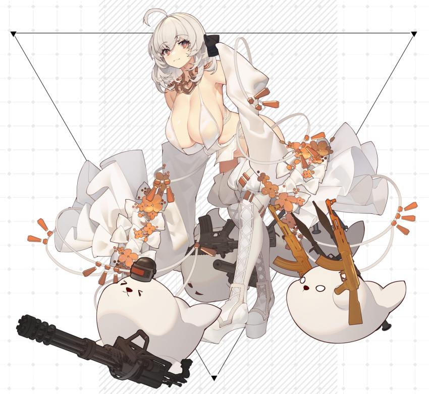 1girl boots breasts dress full_body gatling_gun ghost gun highres large_breasts leaning_forward light_smile machine_gun medium_hair minigun original rain_lan red_eyes revealing_clothes short_dress thigh_boots weapon white_dress white_footwear white_hair