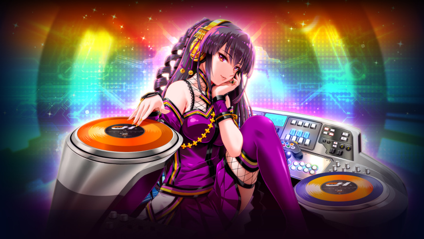 1girl bare_shoulders beatmania_iidx breasts dress drill_hair goli_matsumoto hair_between_eyes hair_ornament headphones large_breasts non-web_source official_art purple_dress purple_eyes purple_hair purple_skirt purple_thighhighs skirt solo thighhighs thighs turntable umegiri_hifumi