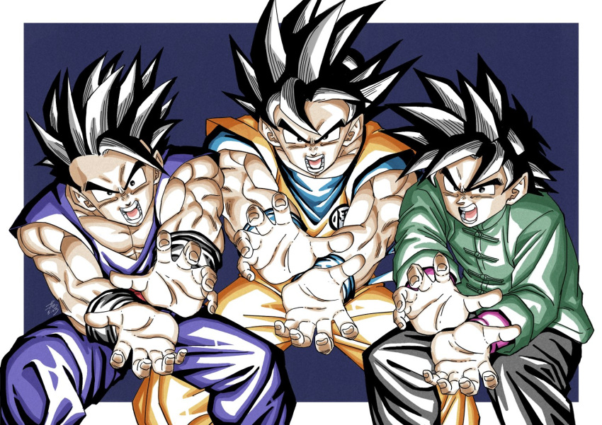 3boys black_hair blue_background blue_shirt brothers chinese_clothes cowboy_shot dated dougi dragon_ball dragon_ball_super dragon_ball_super_super_hero father_and_son forest_1988 goku_day green_jacket group_picture jacket kamehameha_(dragon_ball) looking_at_viewer male_focus medium_hair multiple_boys muscular muscular_male open_mouth orange_pants orange_shirt pants purple_shirt red_sash sash shirt short_hair short_sleeves siblings signature sleeveless sleeveless_shirt son_gohan son_goku son_goten spiked_hair v-neck