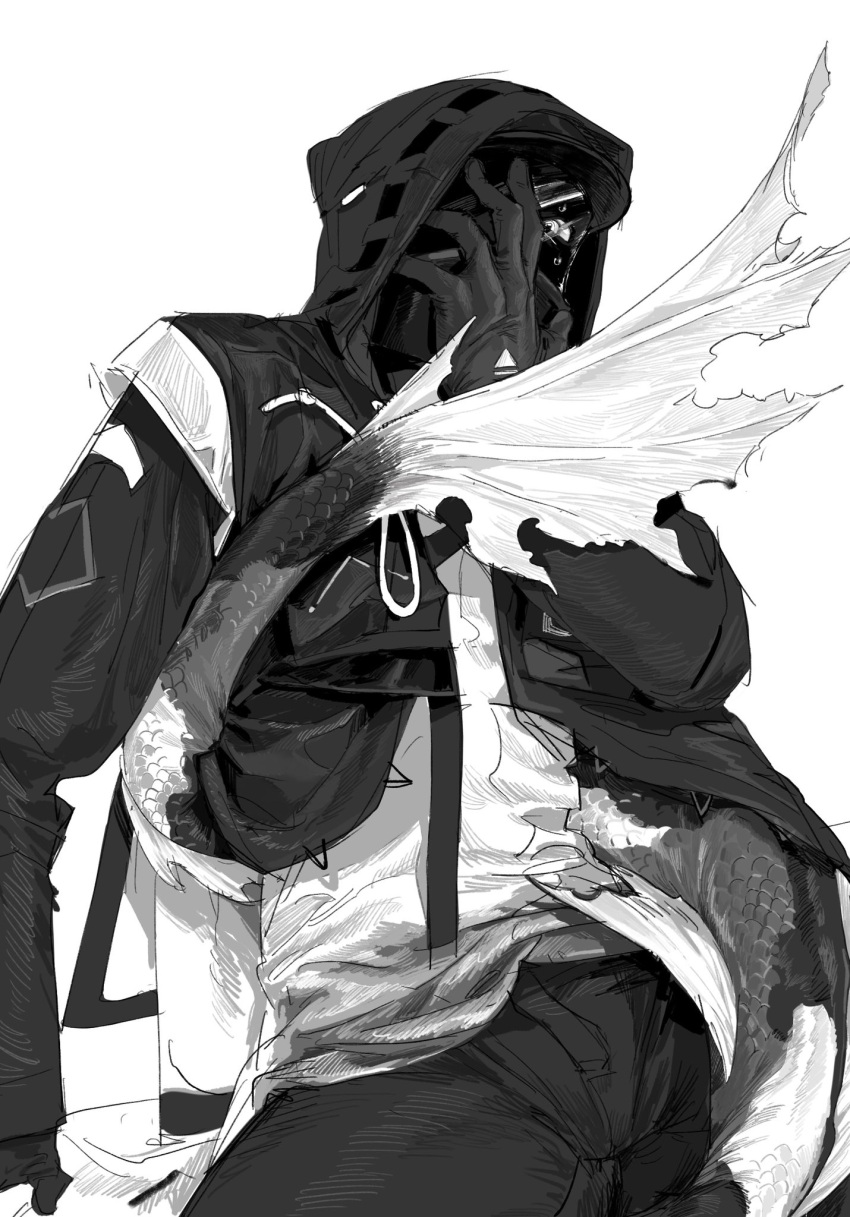 1boy 3000zialg arknights chinese_commentary coat commentary_request doctor_(arknights) eyes_in_shadow fins fish_tail gloves greyscale hand_on_own_face highres hood hood_up hooded_coat lee_(arknights) long_sleeves looking_at_viewer male_doctor_(arknights) male_focus mask monochrome open_clothes open_coat out_of_frame pants shirt simple_background sitting tail tail_wrap upper_body white_background