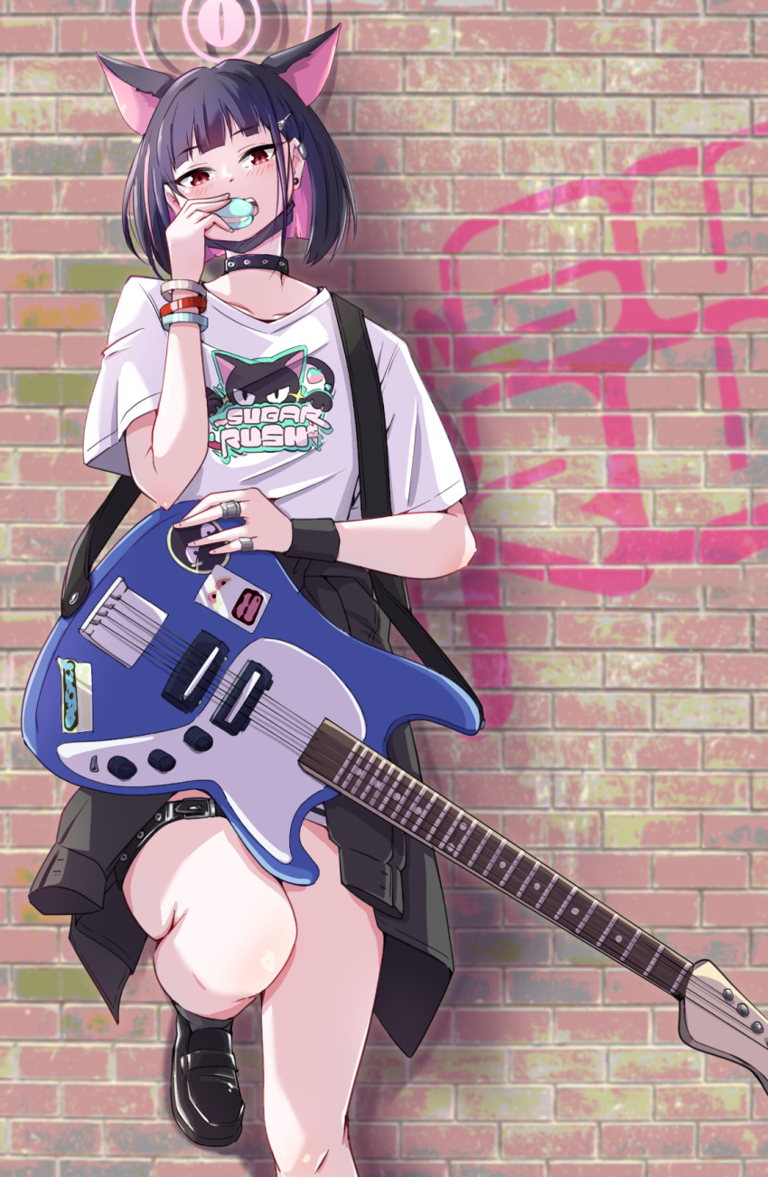 1girl animal_ears black_choker black_footwear black_hair black_jacket black_mask blue_archive blush cat_ears choker clothes_around_waist colored_inner_hair electric_guitar extra_ears guitar hair_ornament hairclip halo highres instrument jacket jacket_around_waist kazusa_(band)_(blue_archive) kazusa_(blue_archive) mask mask_pull mosuke1221 mouth_mask multicolored_hair official_alternate_costume open_mouth pink_hair pink_halo pleated_skirt red_eyes shirt shoes short_hair short_sleeves skirt solo white_shirt white_skirt