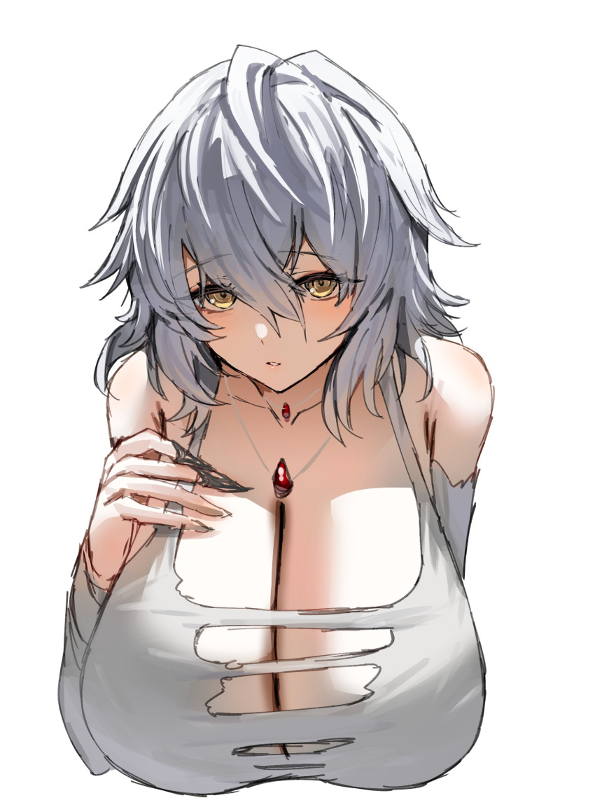 1girl bare_shoulders breasts cleavage code_vein commentary_request cropped_torso detached_sleeves hair_between_eyes hand_on_own_chest highres horn/wood huge_breasts io_(code_vein) jewelry light_blush looking_at_viewer medium_hair necklace parted_lips shirt simple_background solo torn_clothes torn_shirt white_background white_hair white_shirt yellow_eyes