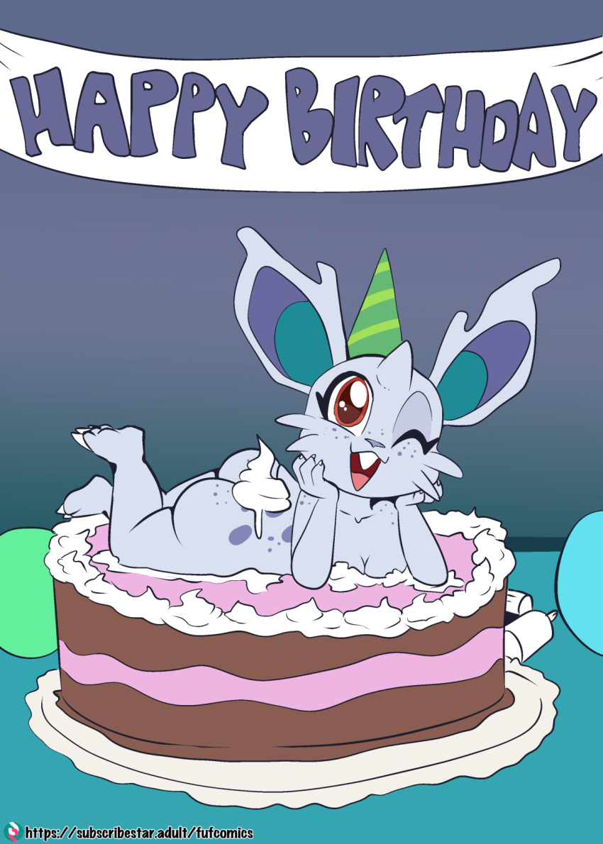 1_horn 2024 anthro arm_support biped birthday breasts brown_eyes butt cake clothing dairy_products dessert english_text female food fuf generation_1_pokemon happy_birthday hat headgear headwear hi_res horn inside leaning_on_elbow looking_at_viewer lying nidoran nintendo nude on_cake on_front one_eye_closed open_mouth open_smile party_hat pokemon pokemon_(species) smile solo teeth text tongue whipped_cream whiskers white_body wink winking_at_viewer