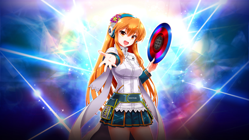 1girl beatmania_iidx breasts goli_matsumoto hair_between_eyes headphones highres holding_record large_breasts long_hair non-web_source official_art open_mouth orange_eyes orange_hair reaching reaching_towards_viewer sidelocks skirt smile solo teeth thighs umegiri_iroha upper_teeth_only very_long_hair