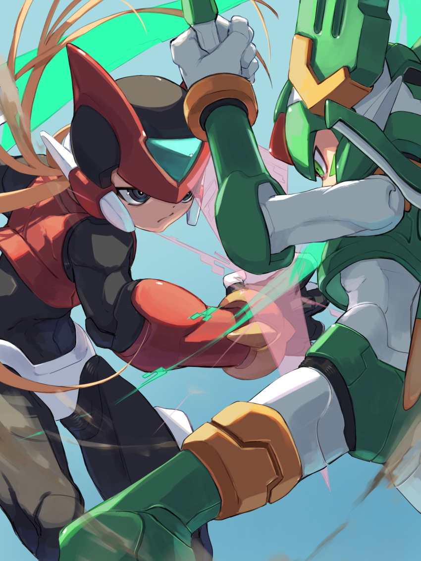 2boys absurdres android armor battle black_eyes boots energy_sword facial_mark forehead_jewel green_armor green_eyes green_footwear green_helmet helmet highres holding holding_sword holding_weapon male_focus mechanical_wings mega_man_(series) mega_man_zero_(series) multiple_boys omochi_(mochi_skymega) red_armor red_helmet sage_harpuia_(mega_man) swinging sword thigh_boots weapon wings z_saber zero(z)_(mega_man) zero_(mega_man)