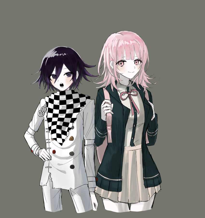 1boy 1girl :o black_hair black_jacket black_shirt brown_background brown_hair brown_skirt buttons checkered_clothes checkered_scarf cropped_legs danganronpa_(series) danganronpa_2:_goodbye_despair danganronpa_v3:_killing_harmony double-breasted dress_shirt flipped_hair grey_jacket grey_pants grey_shirt hair_between_eyes hand_on_own_hip highres jacket medium_hair miniskirt nanami_chiaki neck_ribbon oma_kokichi open_clothes open_jacket pants pink_eyes pink_ribbon pleated_skirt ribbon scarf shirt shirt_tucked_in shushuk_tlqkf simple_background skirt smile teeth