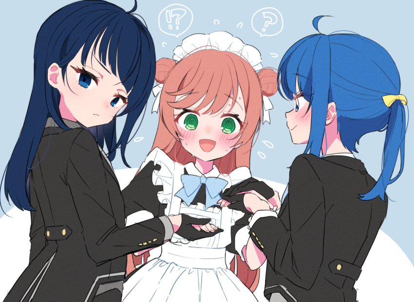 !? 3girls ? @_@ ahoge apron blue_background blue_eyes blue_hair blush bow brown_hair butler crossdressing dark_cure_sky double_bun dual_persona female_butler flying_sweatdrops frown gloves hair_bow hair_bun hirogaru_sky!_precure holding_hands izumi_kirifu long_hair looking_at_another looking_at_viewer maid_apron maid_headdress multiple_girls nijigaoka_mashiro open_mouth ponytail precure simple_background smile sora_harewataru spoken_interrobang spoken_question_mark suit sweat yuri