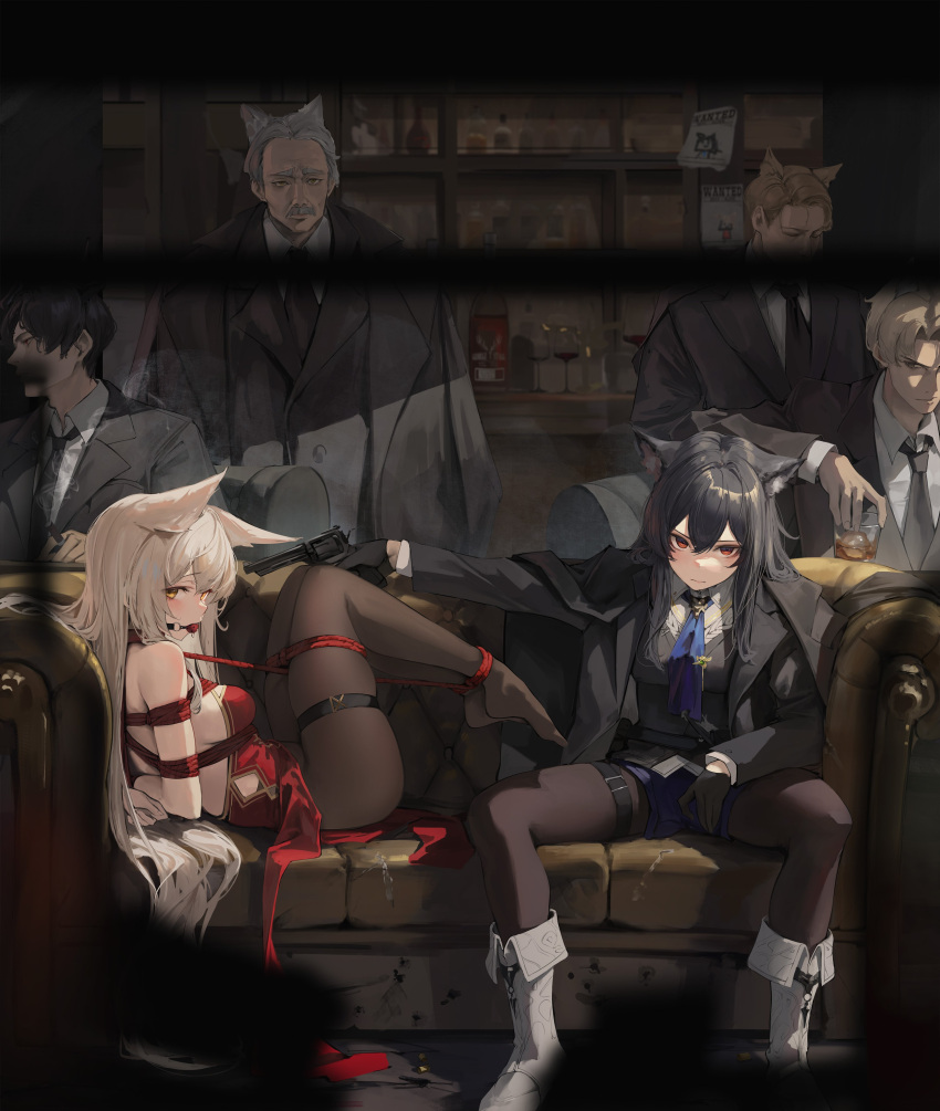 2girls 4boys absurdres animal_ears at_gunpoint ball_gag black_gloves black_hair black_jacket black_pantyhose black_suit blonde_hair blue_necktie bound bound_arms brown_hair character_request cigar commentary copyright_request couch cup dress fold-over_boots gag gloves grey_hair gun highres holding holding_cigar holding_cup holding_gun holding_weapon indoors jacket leviathan_(hikinito0902) long_hair looking_at_viewer multiple_boys multiple_girls necktie on_couch pantyhose red_dress red_eyes shibari shibari_over_clothes short_hair sleeveless sleeveless_dress suit suit_jacket symbol-only_commentary thigh_strap threat weapon white_footwear yellow_eyes