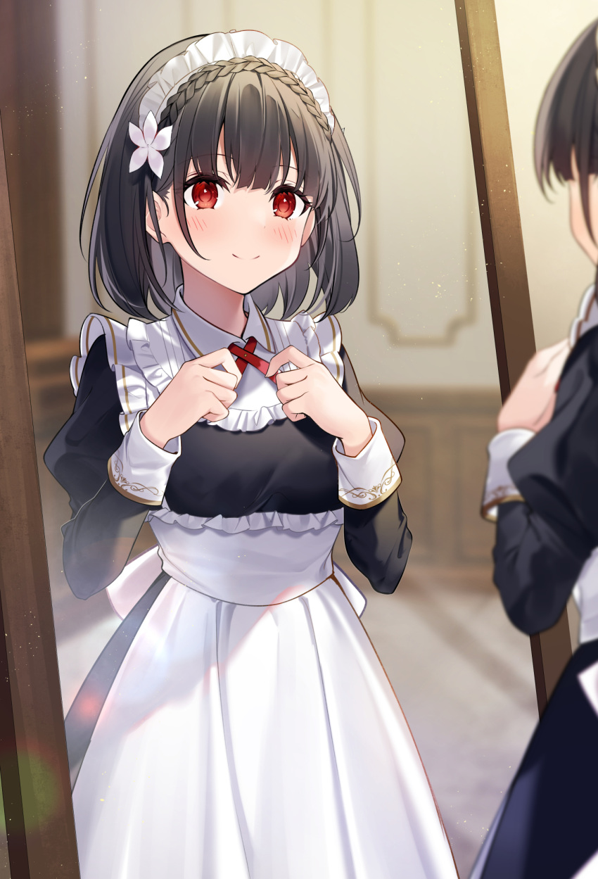 1girl apron black_dress black_hair blush closed_mouth dress flower hair_flower hair_ornament highres indoors juliet_sleeves kisaragi_yuri lainie_cyan light_particles long_sleeves looking_at_reflection maid maid_apron maid_headdress medium_hair puffy_sleeves red_eyes reflection smile solo tensei_oujo_to_tensai_reijou_no_mahou_kakumei white_apron white_flower white_headdress