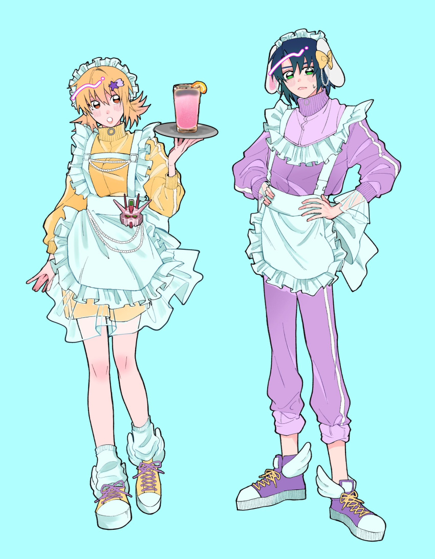 1boy 1girl animal_ears apron athrun_zala blonde_hair blue_hair blush cagalli_yula_athha comeume green_eyes gundam gundam_seed gundam_seed_destiny gundam_seed_freedom hair_ornament highres jacket jersey looking_at_viewer loose_socks low_twintails maid_apron maid_headdress open_mouth shoes short_hair sneakers socks sportswear twintails uniform yellow_eyes