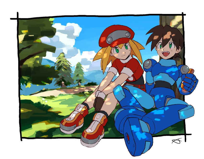 1boy 1girl against_tree armor blonde_hair blue_armor blurry blurry_background bottle brown_hair cabbie_hat cloud cropped_jacket full_body green_eyes hat highres holding holding_bottle jacket looking_at_another looking_up medium_hair mega_man_(series) mega_man_legends_(series) mega_man_volnutt nature red_hat red_jacket red_shorts roll_caskett_(mega_man) short_hair shorts sitting sky touhou3939 tree