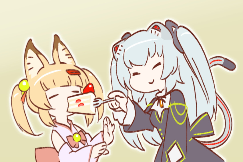 2girls animal_ears black_dress blonde_hair blunt_bangs brooch cake cake_slice cat_ears cat_girl cat_tail closed_eyes closed_mouth commentary_request cowboy_shot dress facing_another feeding food fork fox_ears hair_bobbles hair_ornament hairclip hand_up holding holding_fork jewelry kemomimi_oukoku_kokuei_housou long_hair long_sleeves magari_(c0rn3r) mechanical_ears mechanical_tail medium_hair mikoko_(kemomimi_oukoku_kokuei_housou) multiple_girls nora_cat nora_cat_channel outline purple_shirt purple_sleeves shirt sleeveless sleeveless_shirt smile tail tail_raised twintails two_side_up upper_body virtual_youtuber white_outline yellow_background