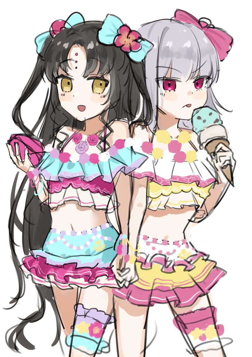 2girls alternate_costume bikini black_hair facial_mark fate/grand_order fate_(series) food grey_hair highres holding_hands ice_cream kama_(fate) kama_(first_ascension)_(fate) multiple_girls red_eyes sessyoin_kiara sessyoin_kiara_(lily) sketch swimsuit tagme to_moyomoyo yellow_eyes