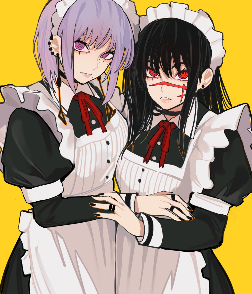 2girls absurdres apron black_hair black_nails bow bowtie chainsaw_man ear_piercing earrings fami_(chainsaw_man) highres jewelry looking_at_viewer maid_day multiple_girls multiple_moles piercing purple_eyes purple_hair red_bow red_bowtie red_eyes ringed_eyes sailen0 scar scar_on_face white_apron yellow_background yoru_(chainsaw_man)