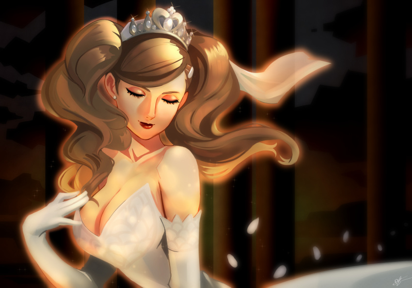 1girl bare_shoulders blonde_hair breasts cleavage closed_eyes closed_mouth collarbone dress earrings eightyfourart elbow_gloves english_commentary eyelashes glint gloves hair_ornament hairclip highres jewelry large_breasts long_hair persona persona_5 red_lips solo stud_earrings takamaki_anne tiara twintails wavy_hair wedding_dress white_dress white_gloves