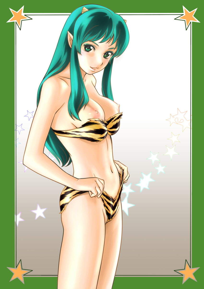 1girl absurdres animal_print bikini bikini_pull breasts clothes_pull commentary_request endoll green_eyes green_hair highres horns long_hair looking_at_viewer lum medium_breasts nipples oni print_bikini small_horns smile solo star_(symbol) strapless strapless_bikini swimsuit tiger_print urusei_yatsura