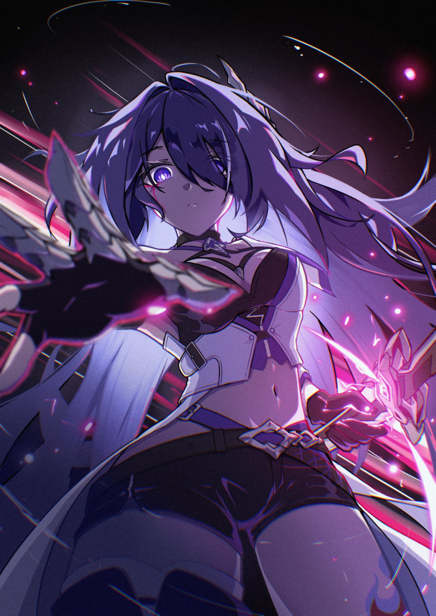 1girl acheron_(honkai:_star_rail) ahoge bandaged_leg bandages belt black_belt black_choker black_gloves black_shorts blood blood_from_eyes bloodzmoon breasts bright_pupils choker cleavage closed_mouth coat coattails commentary cowboy_shot criss-cross_halter english_commentary eyes_visible_through_hair gloves glowing glowing_sword glowing_weapon hair_intakes hair_ornament hair_over_one_eye halterneck highres holding holding_sword holding_weapon honkai:_star_rail honkai_(series) large_breasts leg_tattoo long_hair looking_at_viewer midriff multicolored_hair navel purple_eyes reaching reaching_towards_viewer serious shorts single_bare_shoulder solo standing streaked_hair sword tattoo thighs very_long_hair weapon white_coat white_pupils