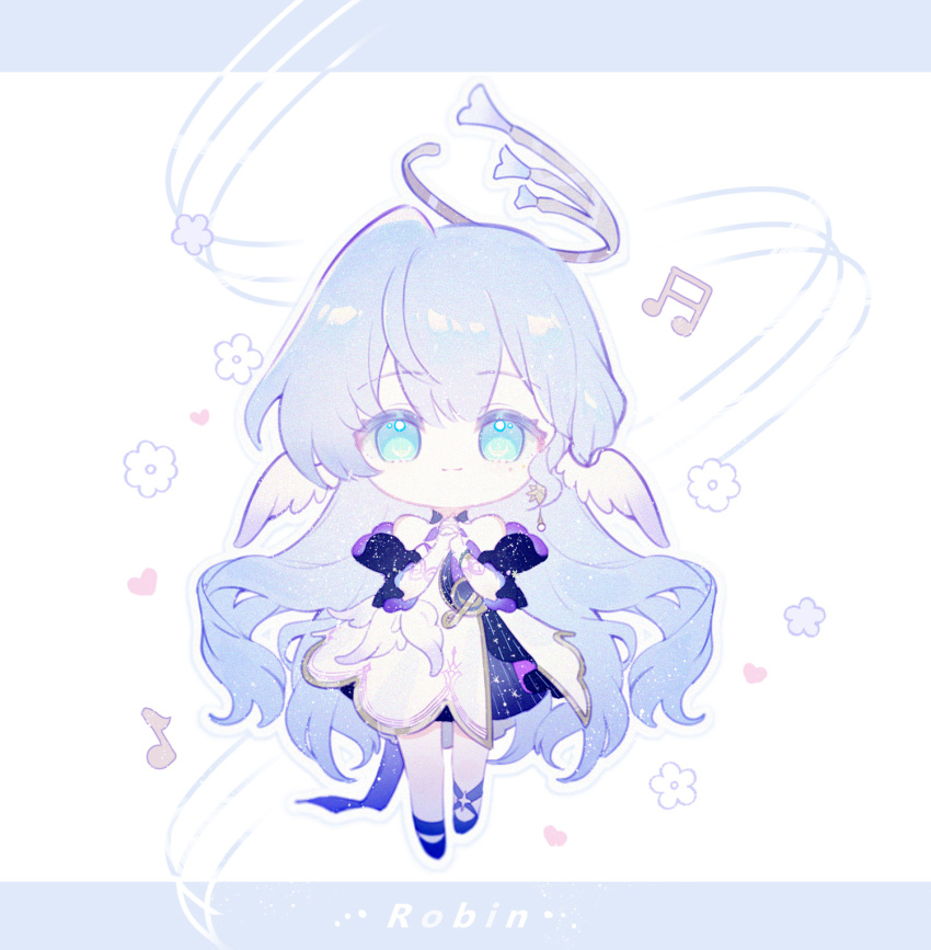 1girl aqua_eyes bare_shoulders blue_hair chibi closed_mouth detached_sleeves dress earrings gloves hair_between_eyes halo head_wings high_heels highres honkai:_star_rail honkai_(series) jewelry long_hair looking_at_viewer own_hands_clasped own_hands_together purple_dress purple_footwear qianqianjie robin_(honkai:_star_rail) short_sleeves simple_background smile solo standing two-tone_dress white_dress white_gloves white_wings wings