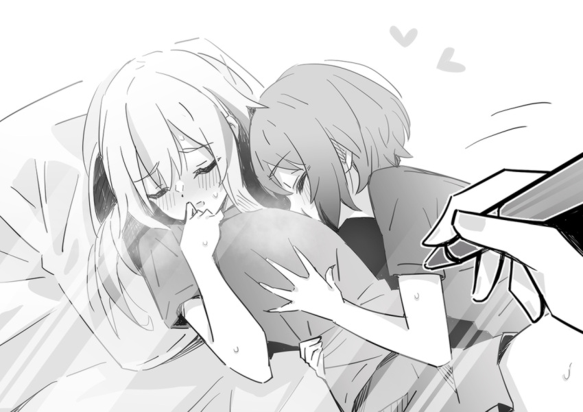 2girls blush closed_eyes commentary drawing_tablet greyscale heart holding holding_stylus hug kouzuki_mahiru long_hair lwmina70119 lying monochrome multiple_girls open_mouth pillow pov shirt short_hair short_sleeves stylus sweat yamanouchi_kano yoru_no_kurage_wa_oyogenai yuri