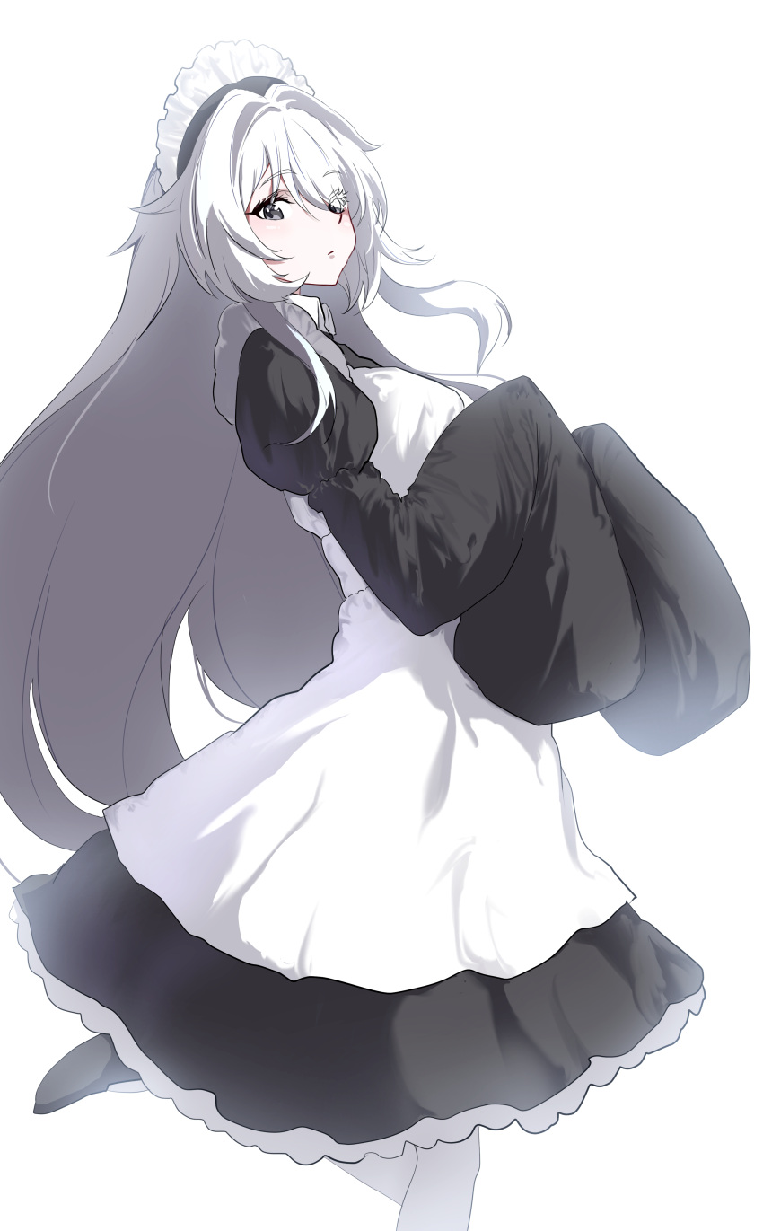 1girl absurdres alternate_costume apron black_dress closed_mouth dress grey_eyes grey_hair hair_between_eyes highres layered_dress long_hair looking_at_viewer maid maid_day maid_headdress no.21_(punishing:_gray_raven) punishing:_gray_raven sidelocks sleeves_past_fingers sleeves_past_wrists solo takashi_san thighhighs white_apron white_thighhighs