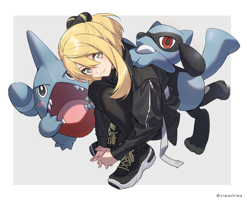 1girl asymmetrical_hair bangs black_footwear black_jacket black_legwear blonde_hair closed_mouth cynthia_(pokemon) fingers_together from_above gen_4_pokemon gible grey_eyes hair_ornament hands_together highres jacket looking_at_viewer looking_up pantyhose pokemon pokemon_(creature) pokemon_(game) pokemon_dppt riolu shoes smile sneakers squatting xia_(ryugo) younger