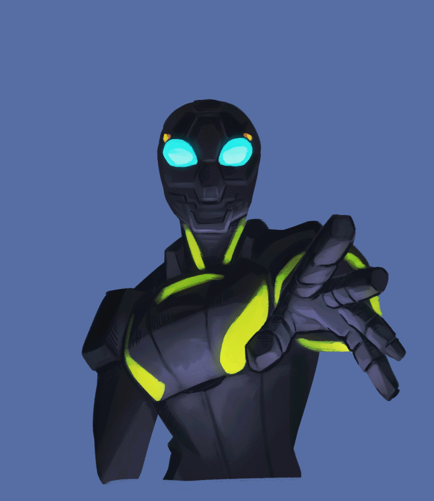 1boy arm_at_side armor black_armor black_bodysuit blue_background bodysuit breastplate commentary_request cropped_torso gatchmanv highres indie_virtual_youtuber looking_at_viewer male_focus mask outstretched_hand power_suit reaching reaching_towards_viewer simple_background solo ukata upper_body virtual_youtuber