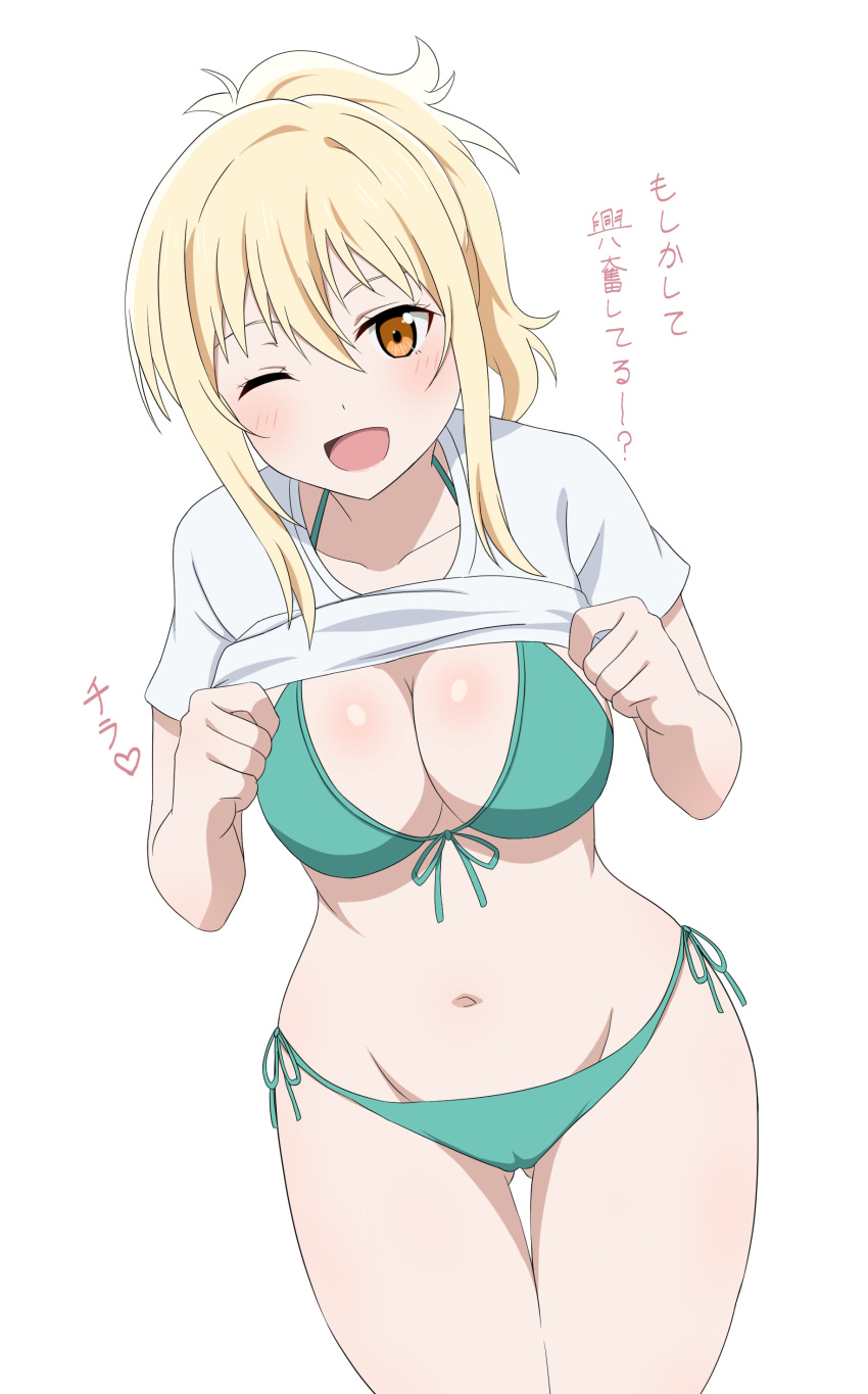 1girl absurdres bikini blonde_hair breasts cameltoe daichi777zz green_bikini highres lifted_by_self love_live! love_live!_nijigasaki_high_school_idol_club medium_breasts medium_hair miyashita_ai navel one_eye_closed orange_eyes shirt smile swimsuit white_background white_shirt