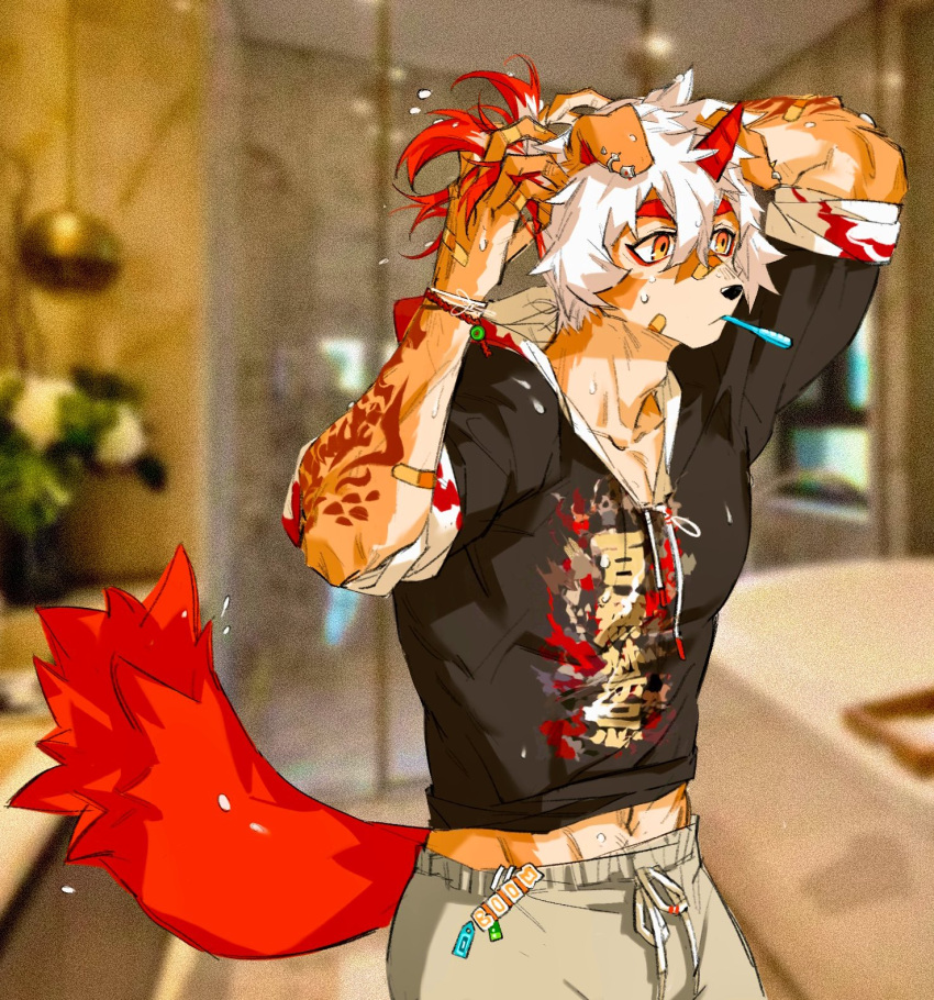 anthro arknights arm_tattoo bathroom canid canine canis clothed clothing domestic_dog fur hair haru41113 hi_res horn hung_(arknights) hypergryph male mammal orange_hair orange_tail photo_background photography_(artwork) solo studio_montagne tail tan_body tan_fur tattoo white_body white_fur white_hair yellow_eyes